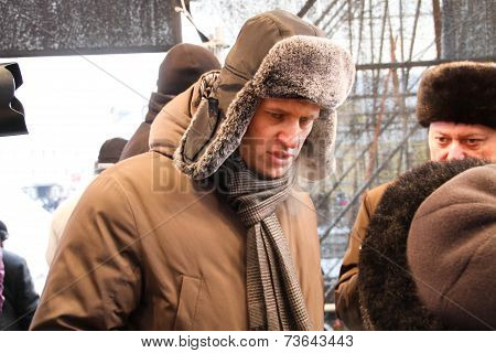 Politician Alexei Navalny on the stage of opposition rally