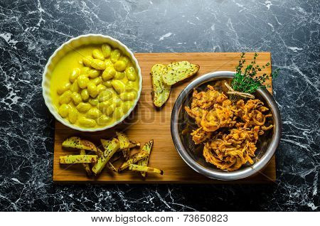 Curry Gnocchi With Bhajjis And Roasted Potato
