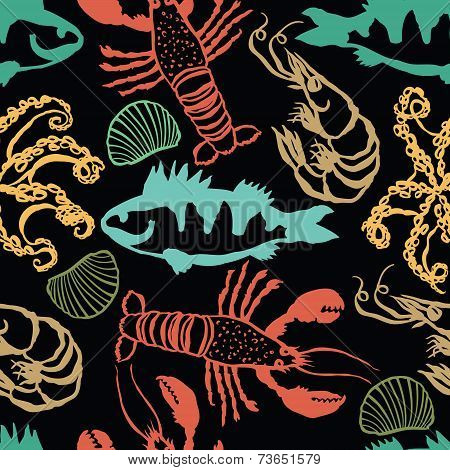 Sea Food Colorful Seamless Dark Pattern