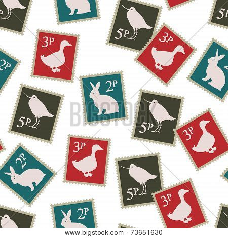 Postage Stamps With Birds And Rabbits Background