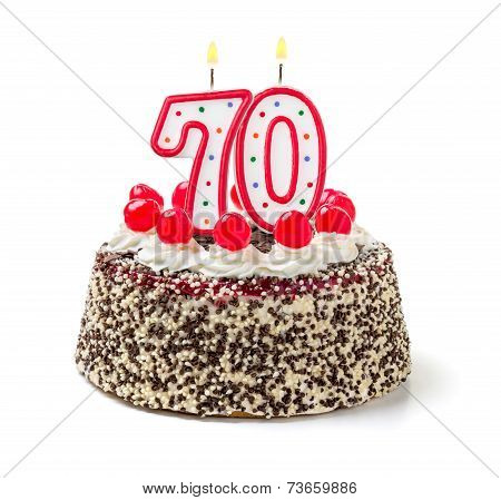 Birthday cake with burning candle number 70