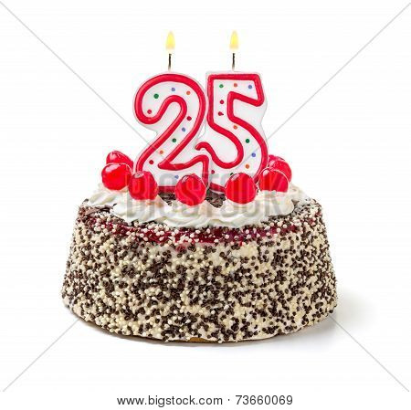Birthday cake with burning candle number 25