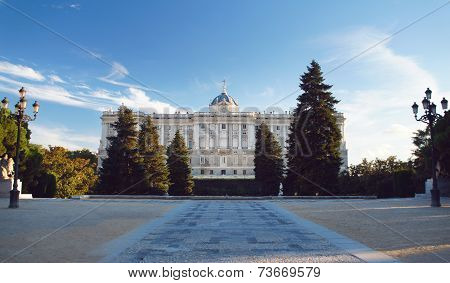 The Madrid Royal Palace and Sabatini garden at the calming sunset.