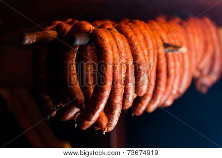 Traditional Food. Smoked Sausuages In Smokehouse.