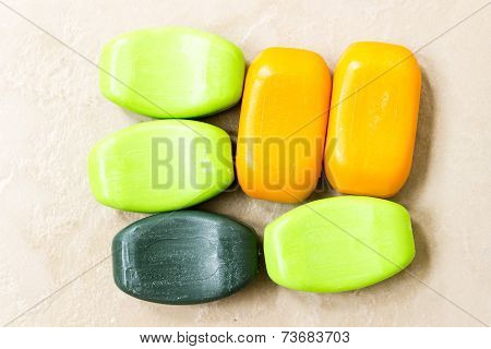 A closeup of bathing soaps made from natural extracts like neem, aloe-vera, turmeric and sandalwood