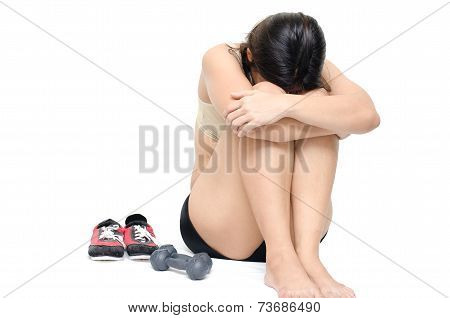 Woman Give Up On Diet Exercise On White Background