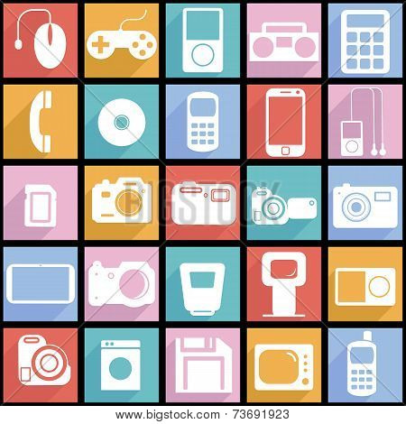 Collection flat icons with long shadow. Multimedia symbols. Vect