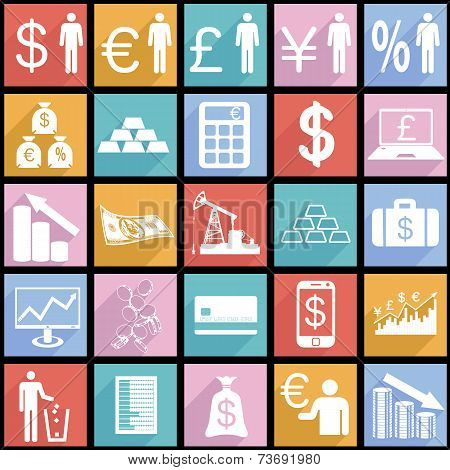 Collection flat icons with long shadow.  Finance symbols. Vector