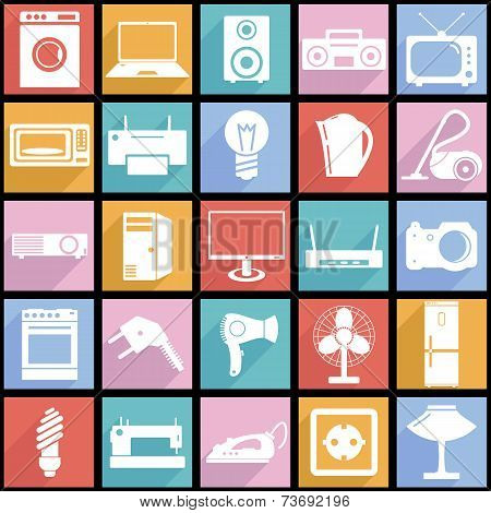 Collection flat icons with long shadow. Electrical devices symbo