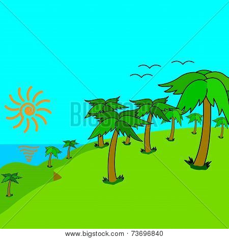 Tropical palms on the tropical island at sunset. Vector illustra
