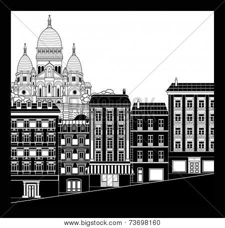 Black and white cityscape of Montmartre. Sacre Coeur church on top left. Essential and graphic style. 