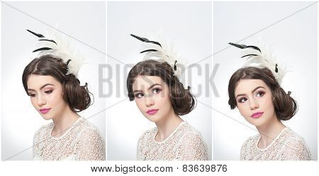 Hairstyle and make up - beautiful young girl art portrait. Genuine natural brunette with hair style