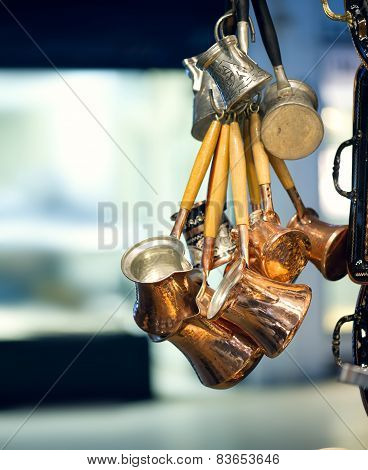 Traditional copper Coffee pots shot in Grand Bazaar Istanbul Turkey