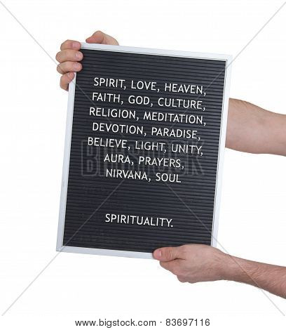 Spirituality Concept In Plastic Letters On Very Old Menu Board