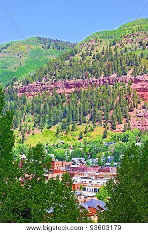 Town and surrounding mountains landscape.