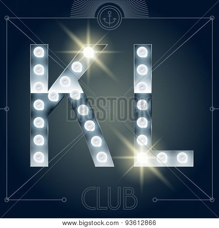 Futuristic vector lamp alphabet on glossy mirror background. Letters K L