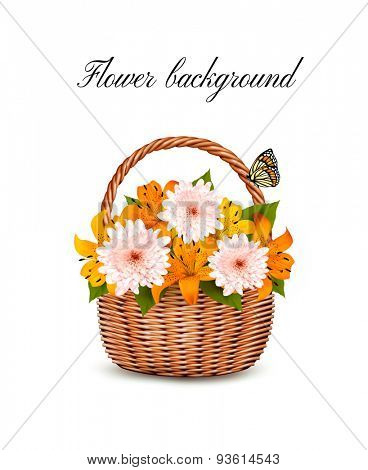 Summer background. Basket full of flowers and a butterfly. Vector.