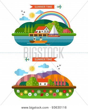 Set of summer landscape backgrounds in flat style