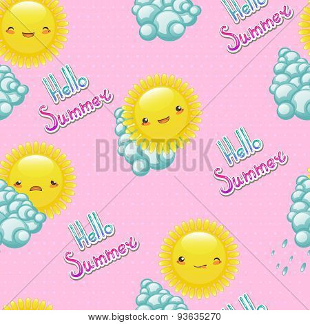 Seamless Pattern Of Funny Cartoon Sun With Different Emotions.