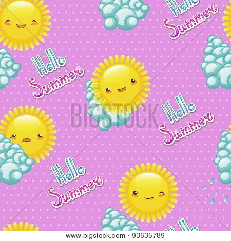 Vector Illustration Seamless Pattern Of Funny Cartoon Sun With