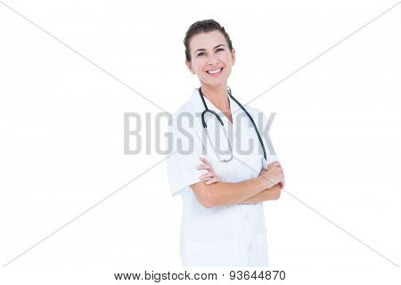 brunette female doctor against white background