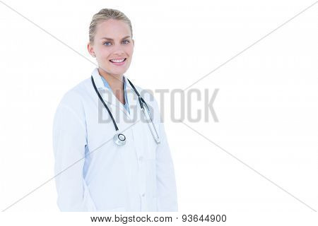blond female doctor against white background