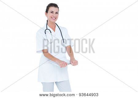 brunette female doctor against white background