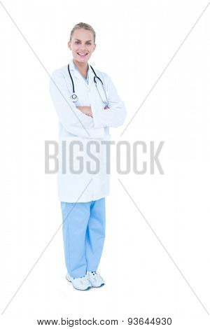 blond female doctor against white background
