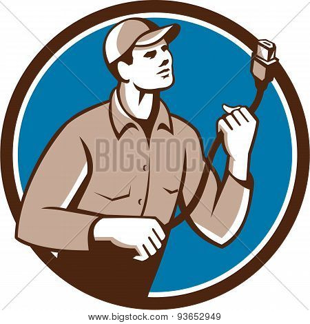 Worker Holding Hdmi Plug Cord Circle Retro