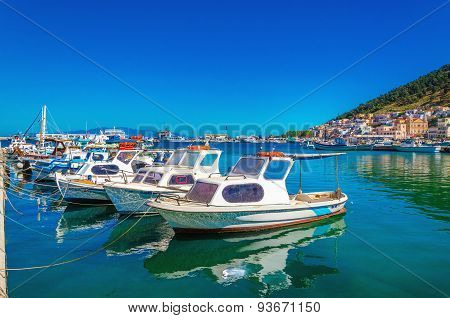 Colorful boats moored in Greek port, Greece