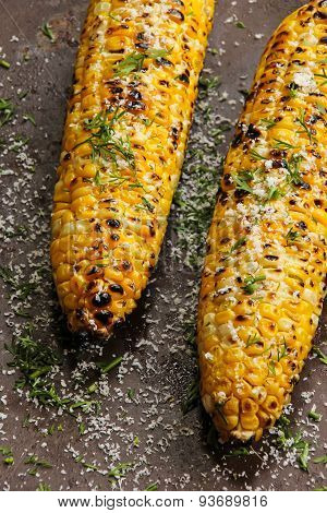 Grilled sweetcorn with butter salt and Parmesan