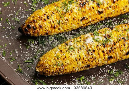 Grilled sweetcorn with butter salt and Parmesan