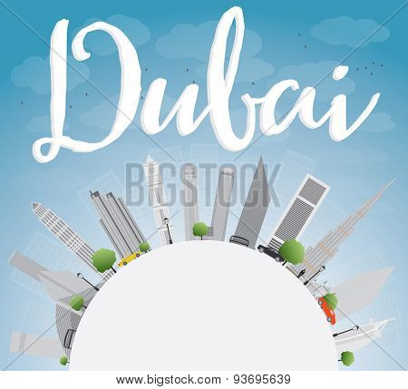 Dubai City skyline with grey skyscrapers, blue sky and copy space. Vector illustration