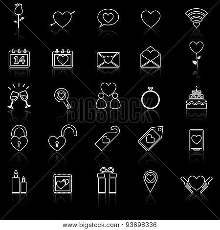 Valentine's Day Line Icons With Reflect On Black
