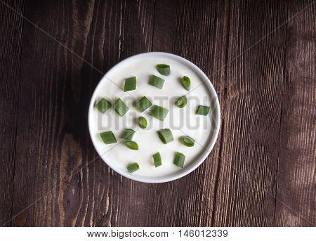 Sour Creame. Round Dish Of Homemade Tartar Sauce. Sour Cream With Green Onion.  Sour Cream And Onion