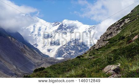 The view to Bezengi big wall from alpinist camp.