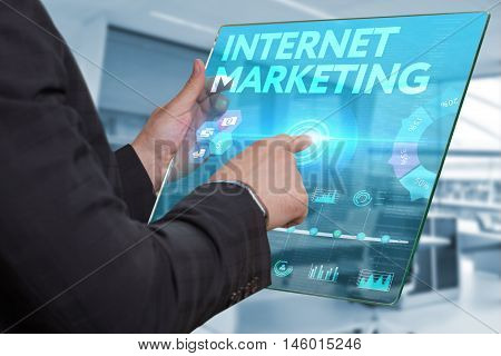 Internet. Business. Technology Concept. Businessman Presses A Button Internet  Marketing On The Virt