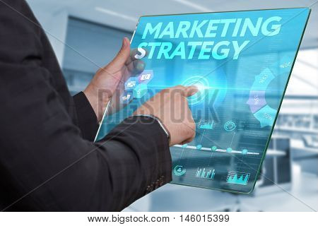 Internet. Business. Technology Concept. Businessman Presses A Button Marketing Strategy On The Virtu