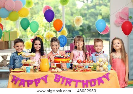 Children's birthday party in decorated room