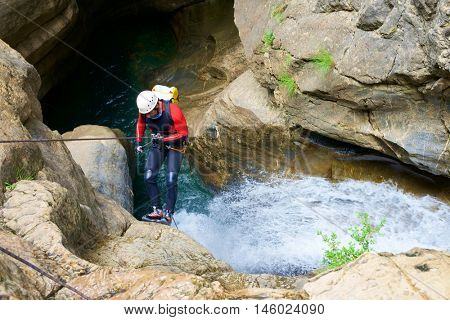 Canyoning in Gorgol Canyon, Tena Valley, Pyrenees, Huesca Province, Aragon, Spain.