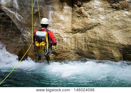 Canyoning in Gorgol Canyon, Tena Valley, Pyrenees, Huesca Province, Aragon, Spain.