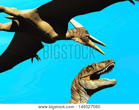 Velociraptor and pterodactyl 3d rendering