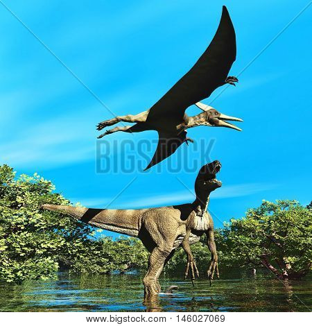 Velociraptor and pterodactyl 3d rendering