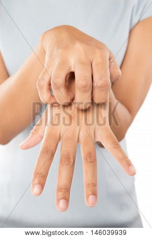 Lady scratch the itch with hand Wrist Itching Concept with Healthcare And Medicine.
