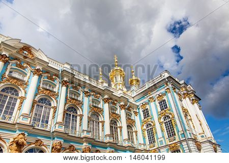 Catherine Palace located in Pushkin, Saint Petersburg. The building of Queen Catherine's Palace on sunny day. Russian royal tourist attractions.
