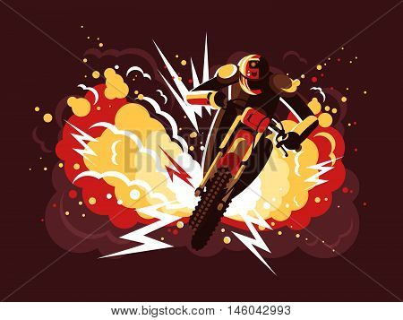 Stuntman on motorcycle in helmet on background fire after explosion. Vector illustration