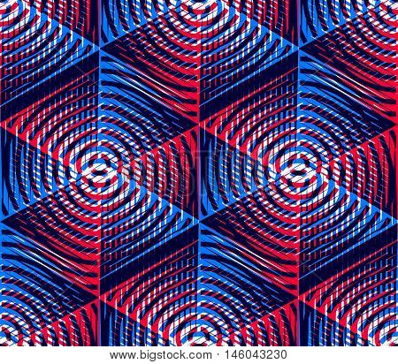 Bright illusory abstract geometric seamless pattern with 3d geometric figures.