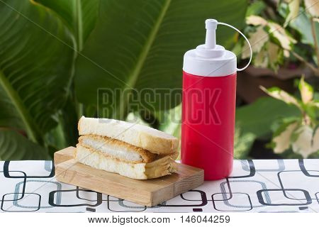 Tongkatsu pork sandwich on the wooden plate