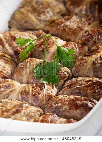 Stuffed cabbage rolls with meat and rice. Vertica shot