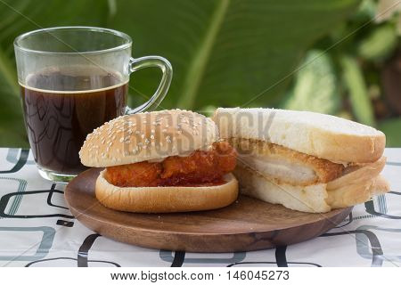 Spicy Chicken Burger tongkatsu sandwich and black coffee